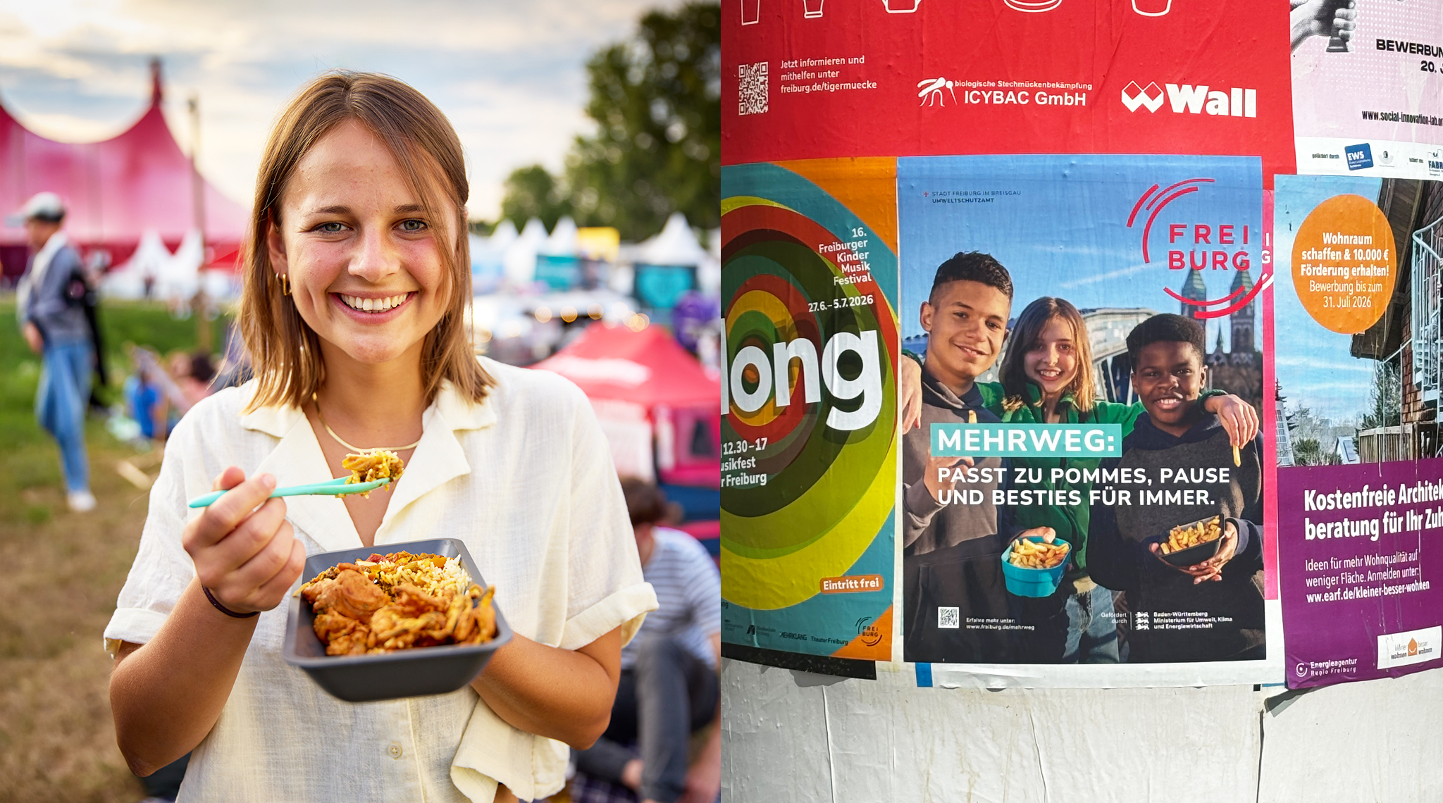 Frau isst auf dem Zelt-Musik-Festival aus einer Mehrwegschale, daneben ein Mehrweg-Plakat an einer Litfaßsäule
