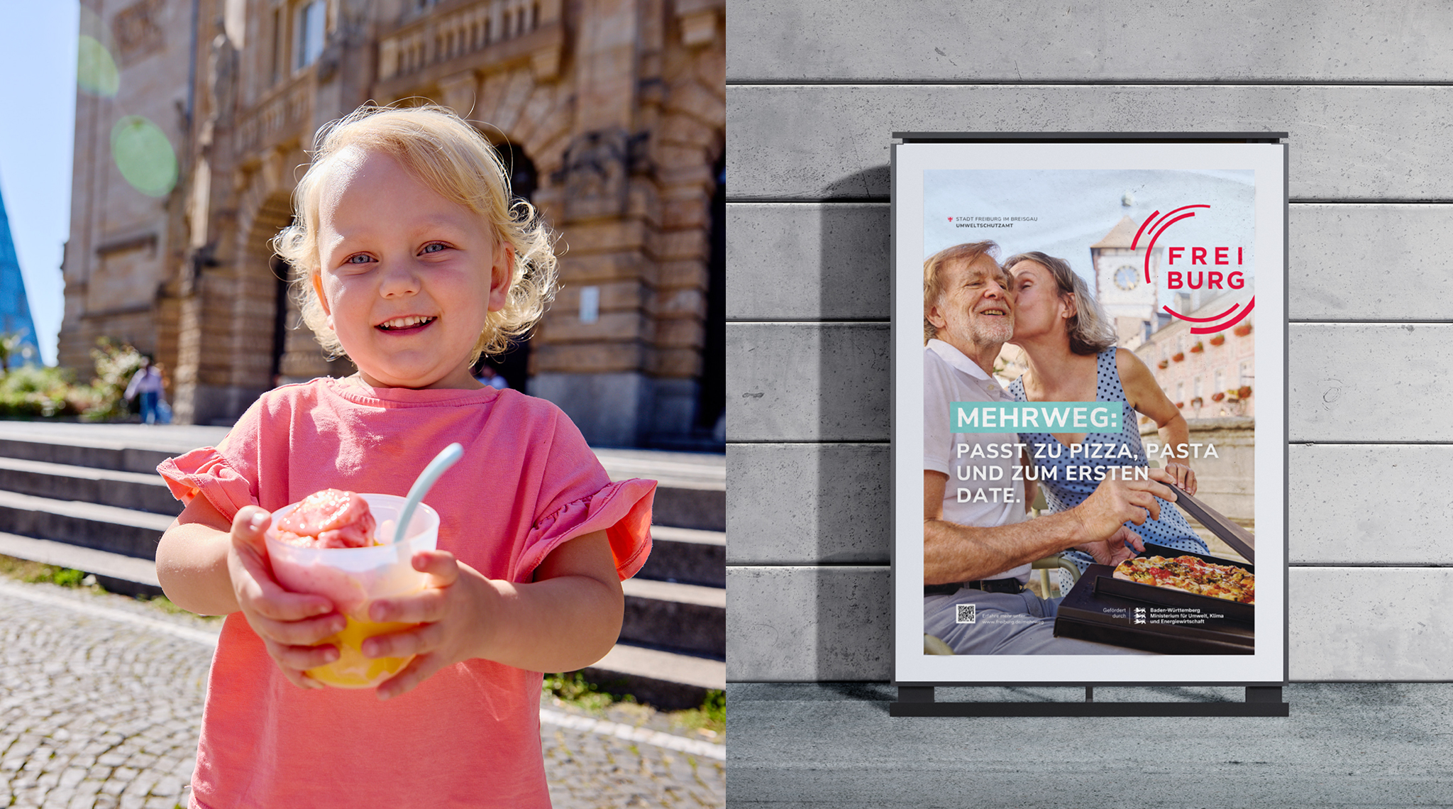 Mädchen mit Eis im Mehrwegbecher, daneben das Plakat „Passt zu Pizza, Pasta und zum ersten Date.“