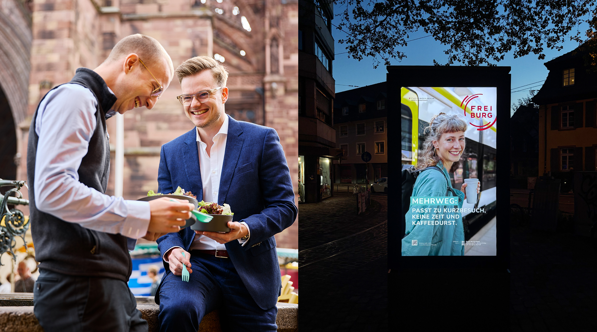 Zwei Männer essen Salat aus Mehrwegschalen, daneben ein digitales Plakat mit Frau und Mehrweg-Kaffeebecher