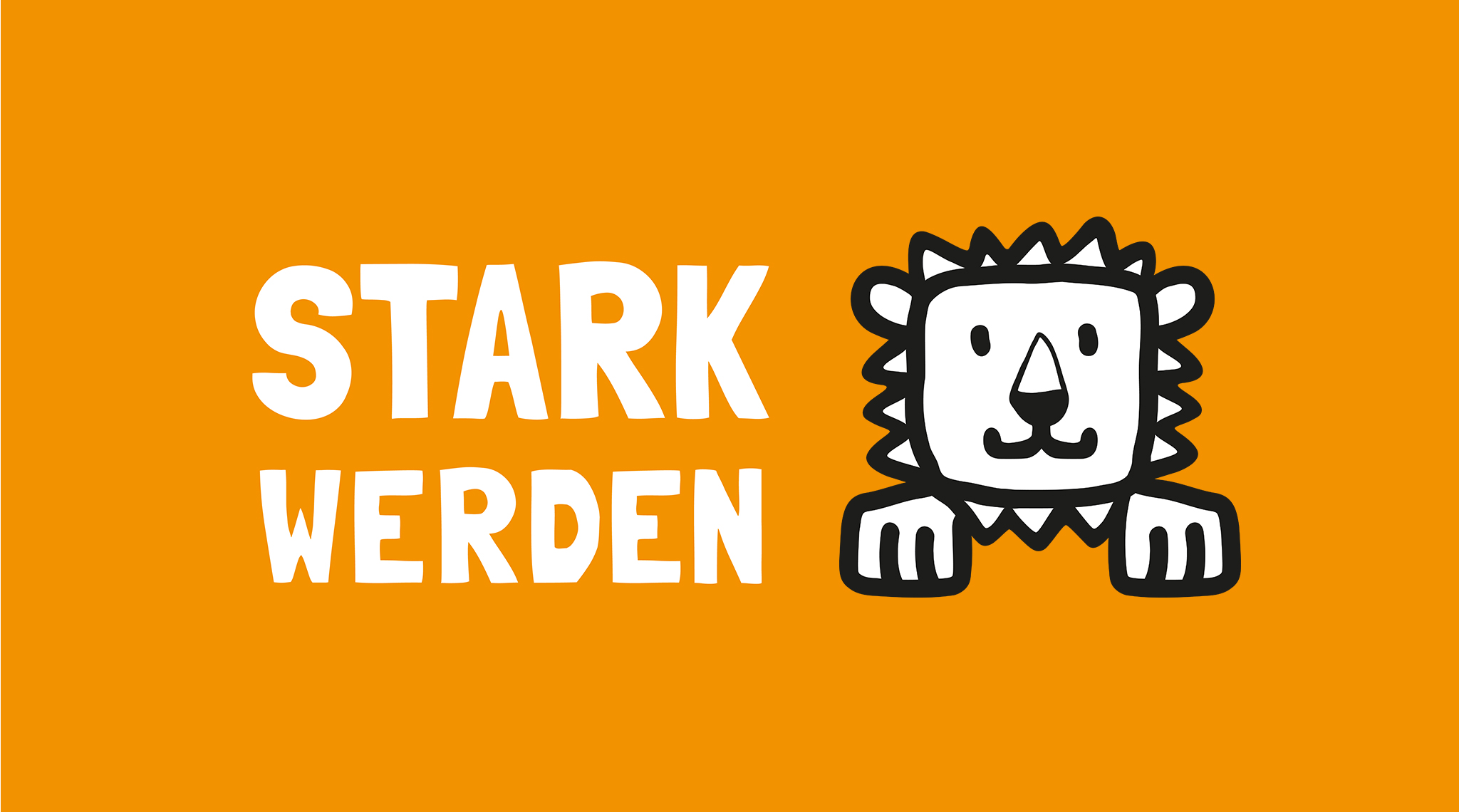STARKwerden-Logo: Schriftzug mit Löwenmaskottchen auf Orange
