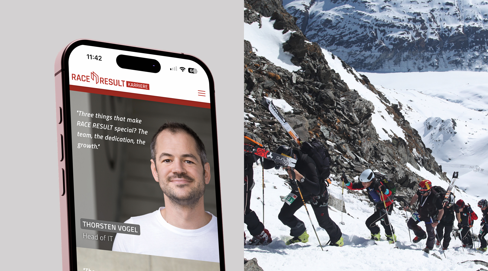 Karriere-Website auf dem Smartphone und Skitourengeher im Gebirge