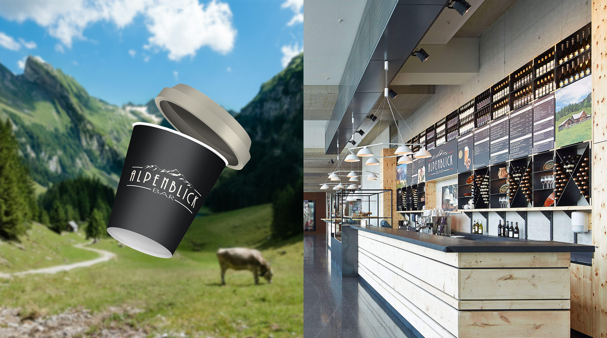 Alpenblick: Kaffeebecher vor Berglandschaft mit Kuh, daneben die Theke mit Holzfront