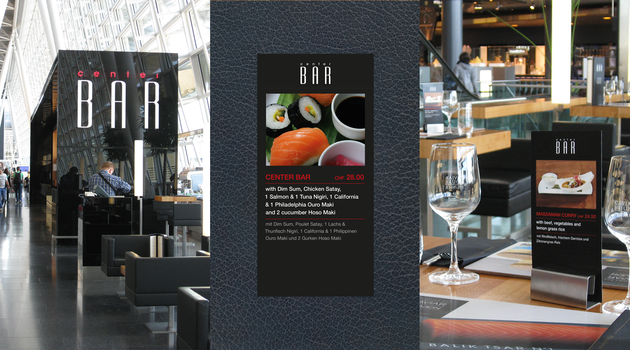 Center Bar: Eingang, Menükarte mit Sushi und Tischaufsteller