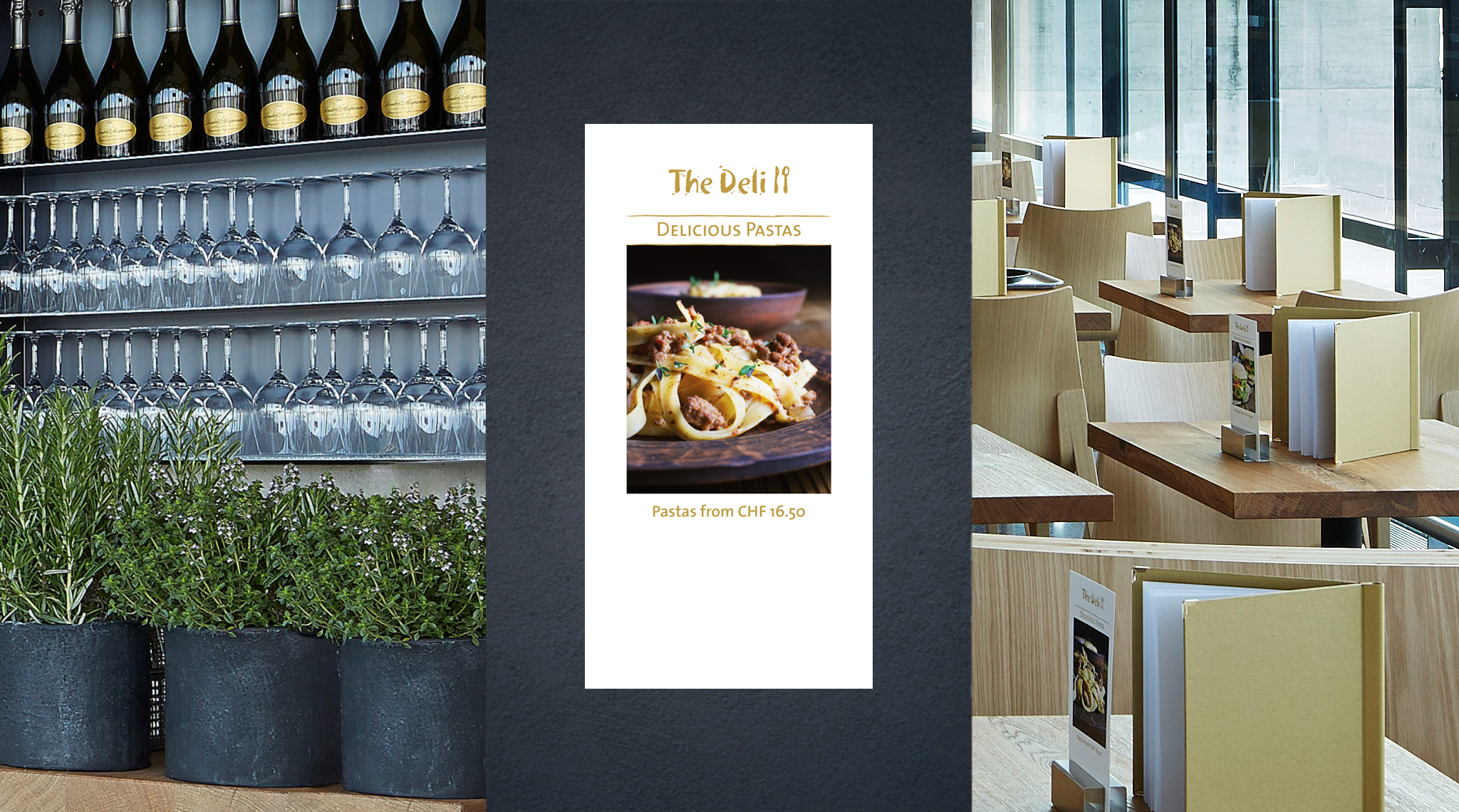 The Deli: Tischaufsteller „Delicious Pastas“ zwischen Weinregal und Restauranttischen
