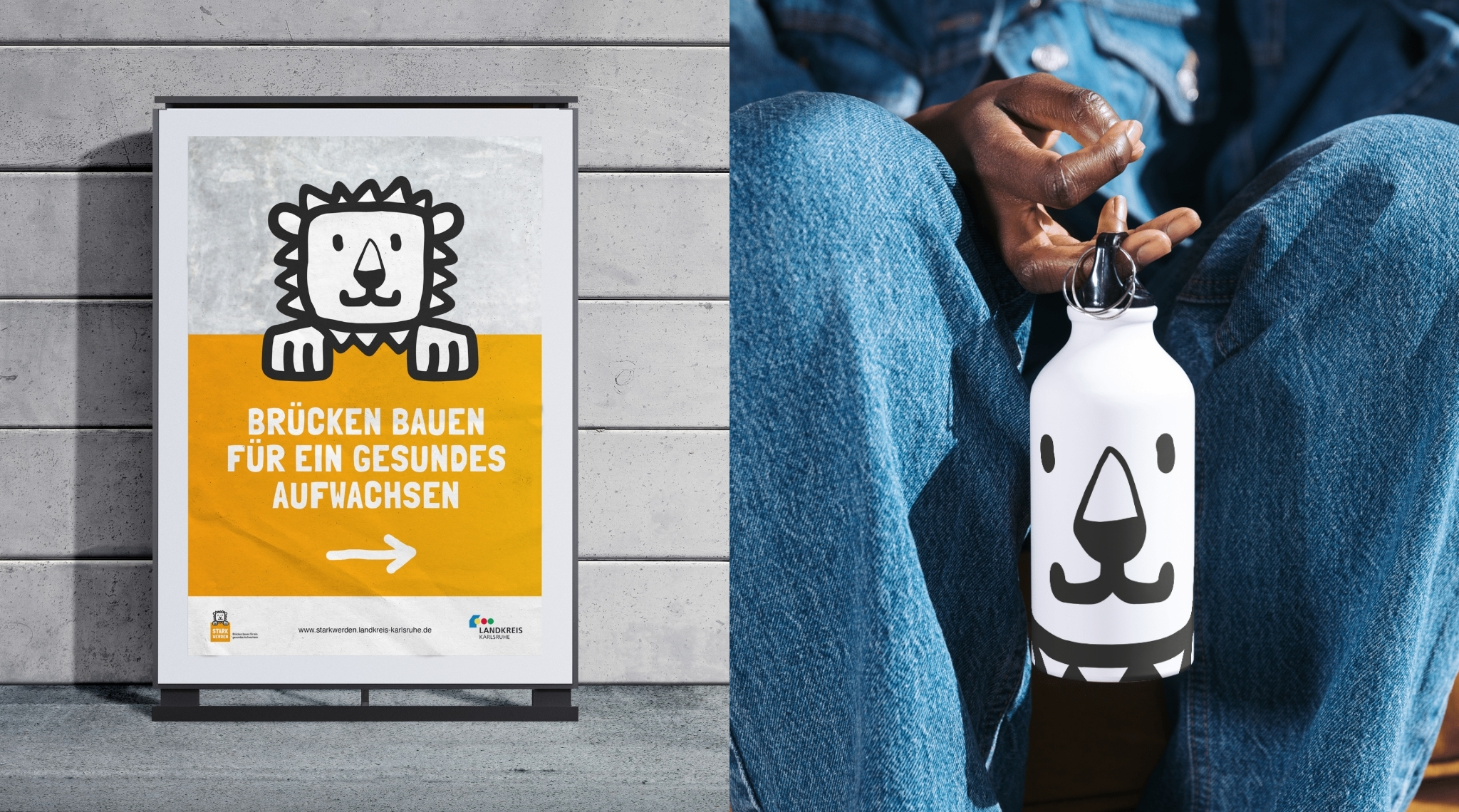 STARKwerden-Plakat „Brücken bauen für ein gesundes Aufwachsen“ und Trinkflasche im Löwen-Design