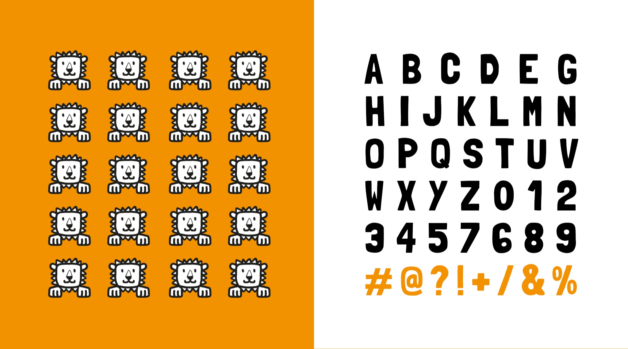STARKwerden-Gestaltungselemente: Löwen-Muster auf Orange und Hausschrift mit Alphabet und Ziffern